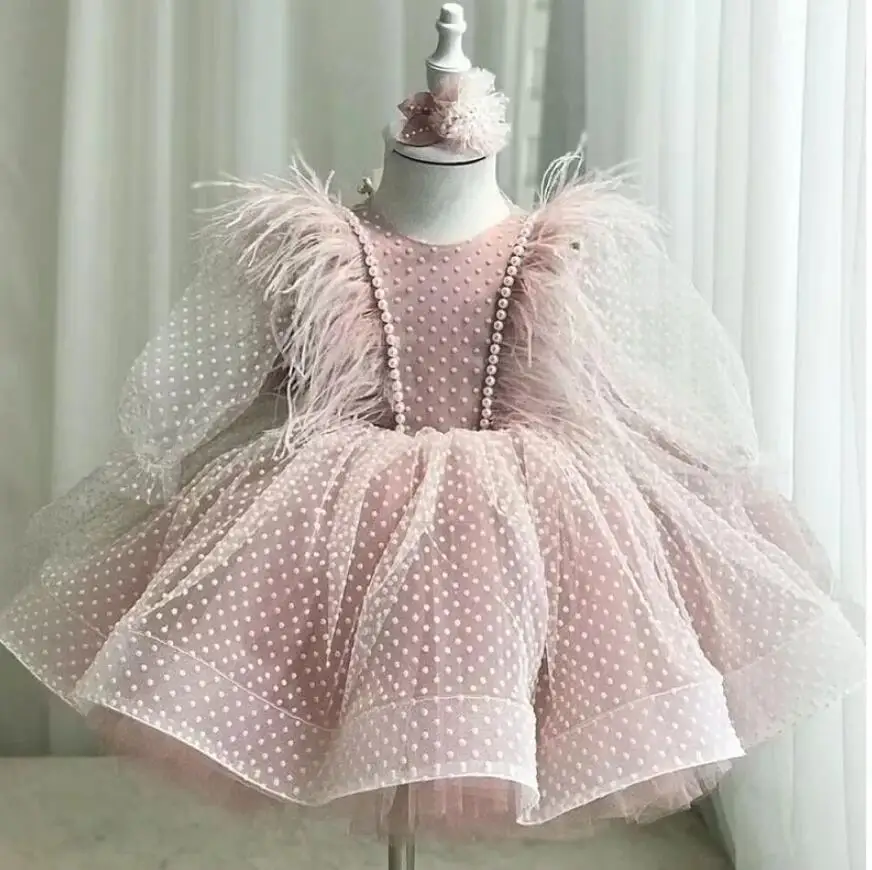 

2024 Party Dress First Birthday Dresses for Baby Girls Dotted Tulle Tiered Tutu Gown Kids Carnival Wedding Pageant Costumes 24M