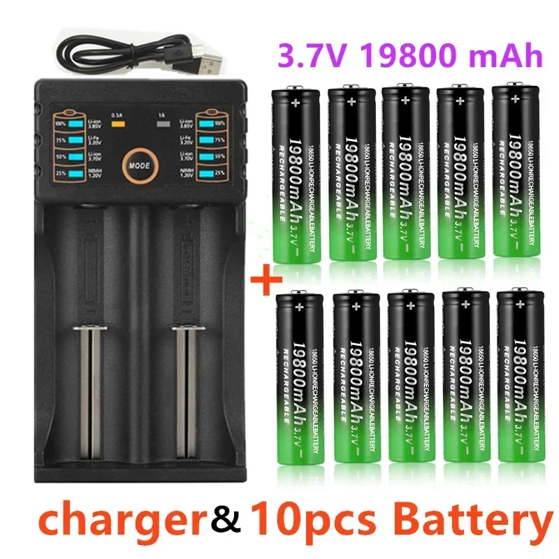 

100% New 18650 Battery 3.7V 19800mAh Rechargeable Li-Ion Battery with Charger for Led Flashlight Batery Litio Battery+ Charger