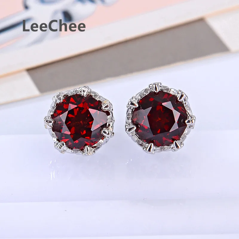 

6MM Garnet Stud Earrings for Women Anniversary Gift Natural Wine Red Gemstone Fine Jewelry Vintage Crown Style Real S925 Silver