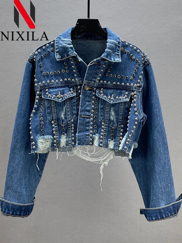 

New in Spring Summer Womens Denim Jacket 2023 Heavy Industry Rivet Studded Jean Coats Women Worn Nail Bead Jean Long Sleeved Top