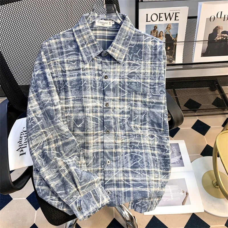 

New Fashion Men's Cotton Design Casual Long Sleeve Contrast Plaid Shirt Pocket-less Standard-fit Button Down Loose Shirts B85