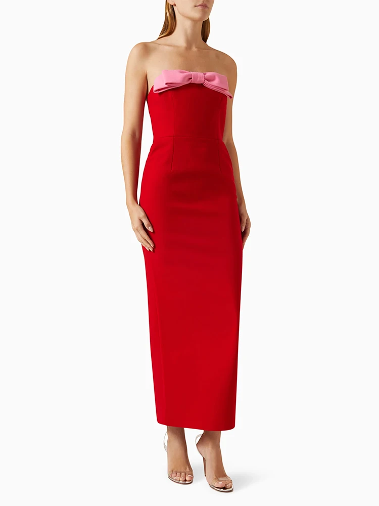 

Летнее сексуальное платье с открытыми плечами и бантом, женское Красное Облегающее длинное платье без бретелек с открытой спиной, вечерние Клубные платья для выпускного вечера