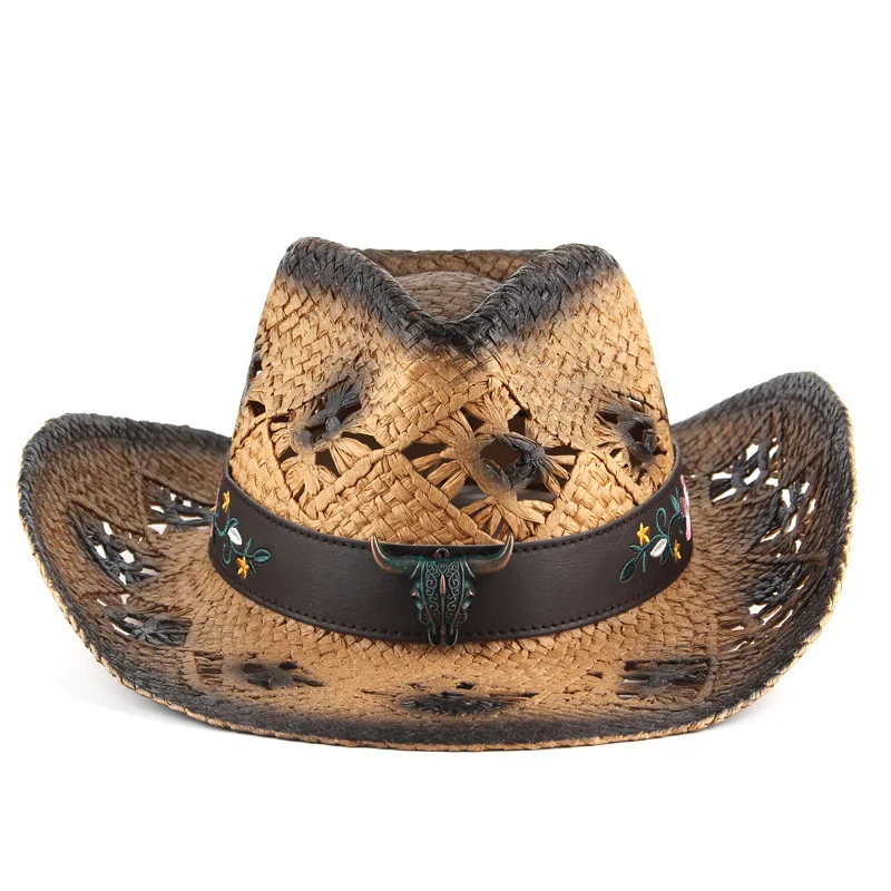 

Summer Outdoor Sun Protection Cowboy Straw Hat for Men Women Wide Brim Beach Cap Natural Grass Handmade Cowgirl Sunhat B16