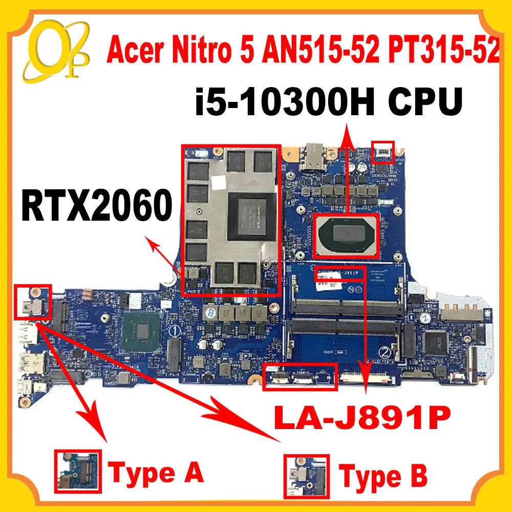 

FH52M LA-J891P Mainboard for Acer Nitro 5 AN515-52 Helios 300 PH315-53 Laptop Mainboard with i5-10300H CPU RTX2060 GPU DDR4 Test