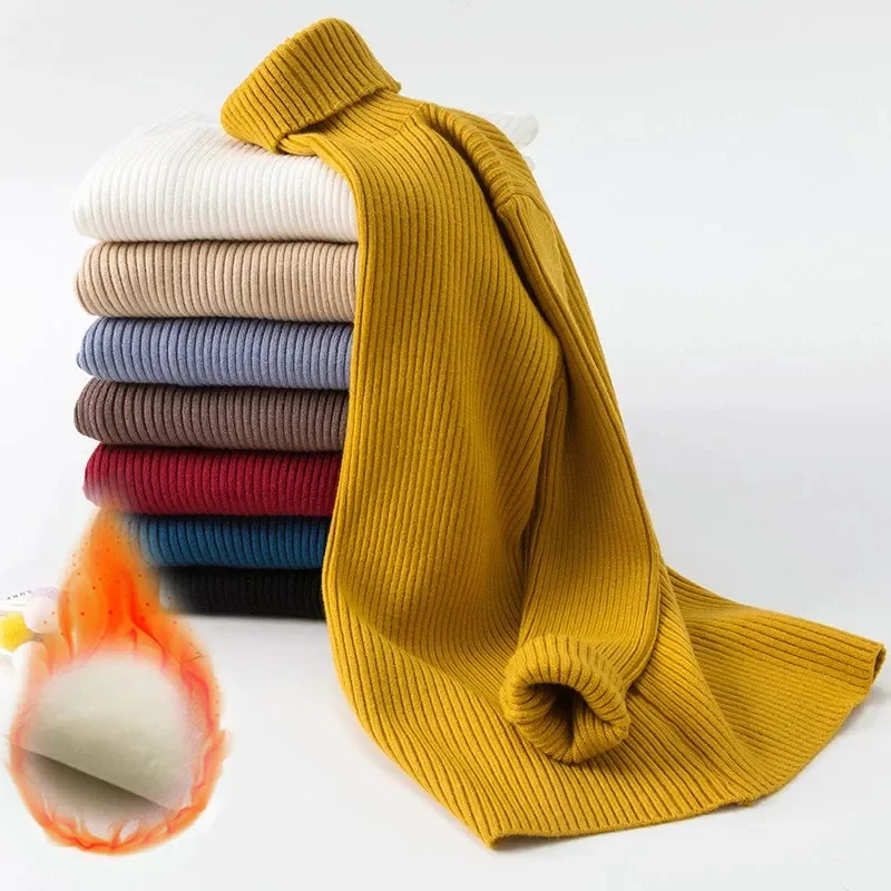 

Детская водолазка свитер осень зима теплая одежда для девочек однотонная вязаная детская верхняя одежда флисовый плотный пуловер для подростков