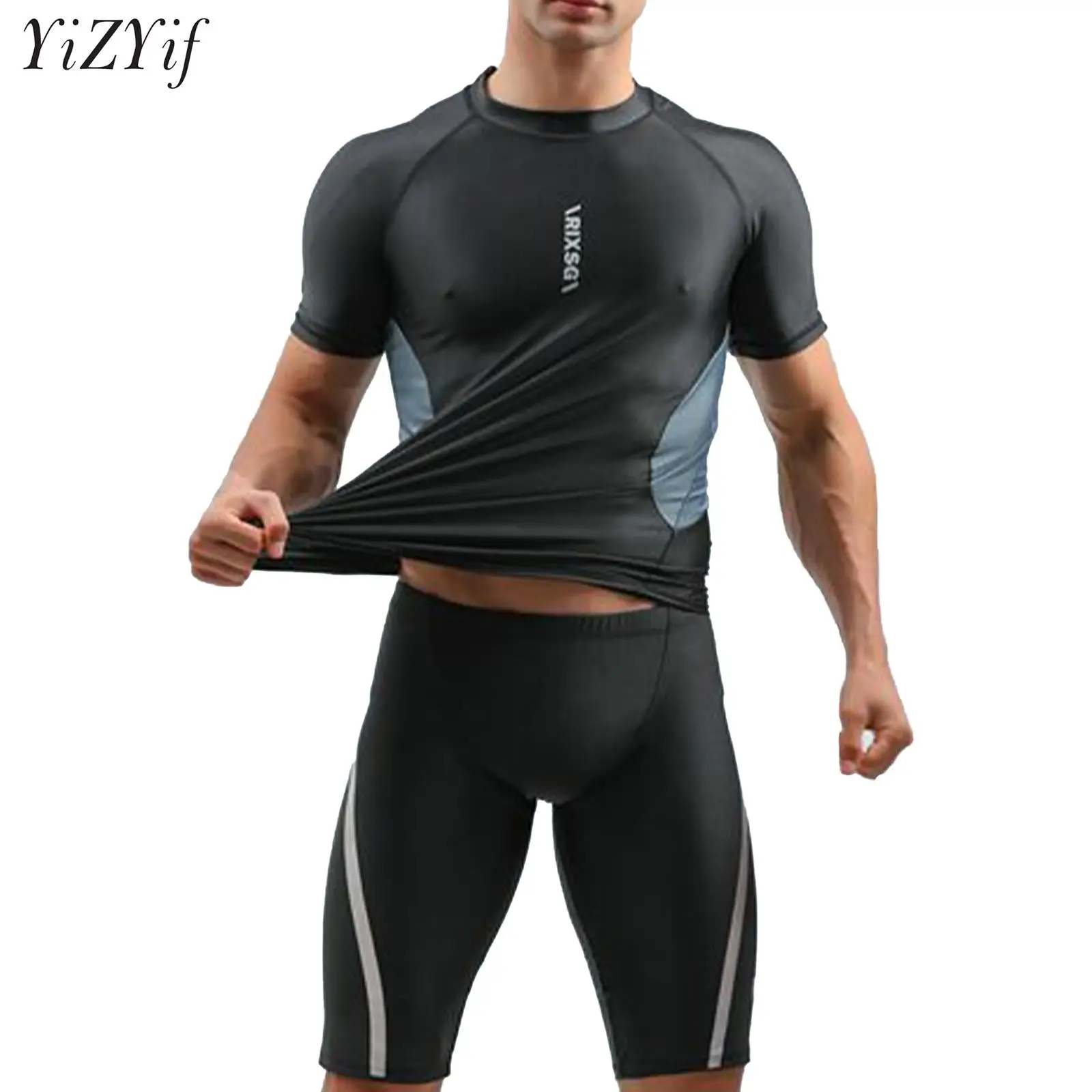 

Men 2Pcs Sport Quick Dry Outfit Short Sleeve Top and Shorts Tankini Swimwear Swimming Diving Surfing Gym Training Tracksuit Set