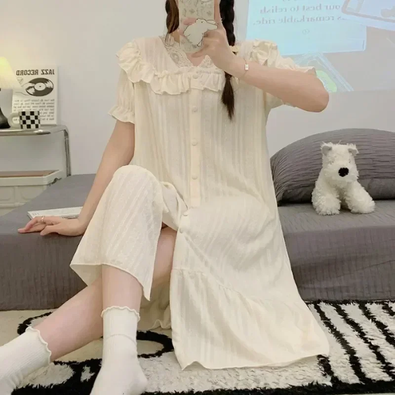 

Short Summer Lace Color Neck Sexy Cute Solid Dress Night Nightgown Sleepshirts Nightdress Fairy Long Women Sleeve Sweet Robe