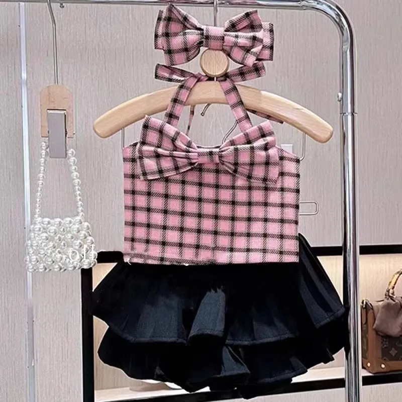 

Комплект летней одежды для девочек Milancel 2024, клетчатый топ на бретелях с бантом и юбка-торт, костюм с повязкой на голову, детская одежда для отпуска