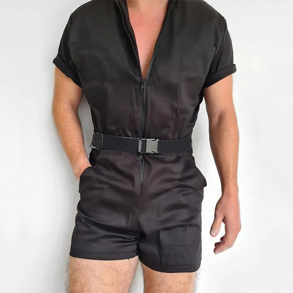 

Men Jumpsuit Turndown Collar Straight Temperament Slim Short Sleeve Romper Streetwear Zipper Overall One Piece Cargo Simple