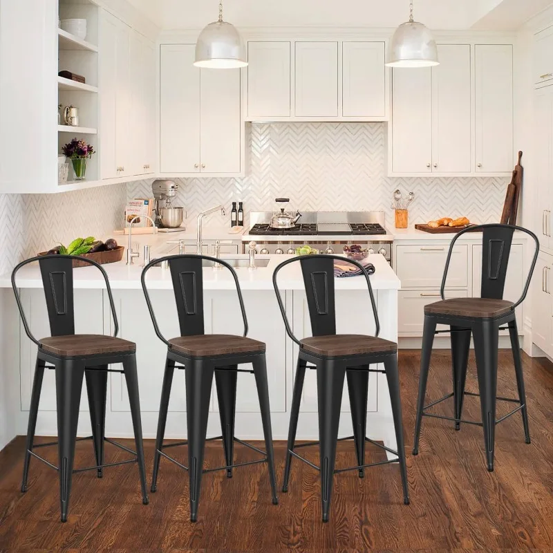 

30" High Back Barstools Metal Stool with Wooden Seat [Set of 4] Counter Height Bar Stools, Matte Black