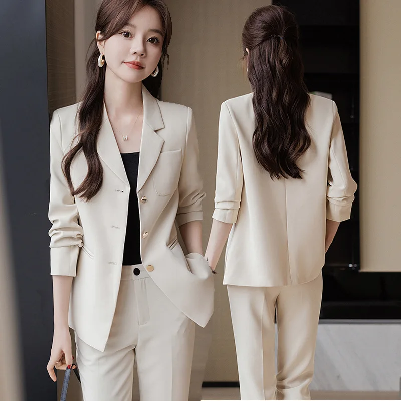 

Beige Suit Jacket for Women Spring and Autumn 2023 New Business Suit Dignified Goddess Fan High-End Large Size Leisure Suit