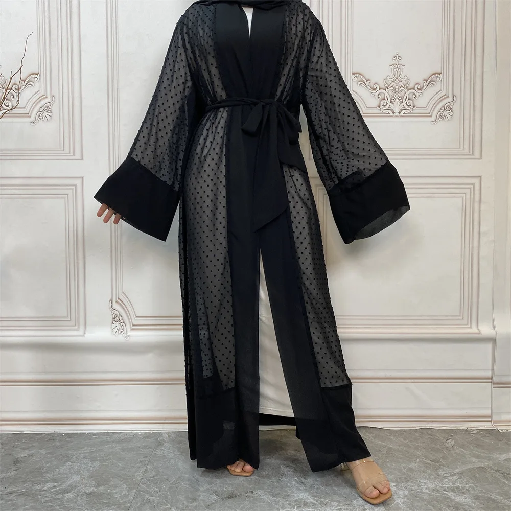 

Muslim Women Hijab Dress Polka Dot Open Abaya Belted Kimono Caftan Dubai Turkey Kaftan Islamic Clothing Femme Musulman Robe Gown