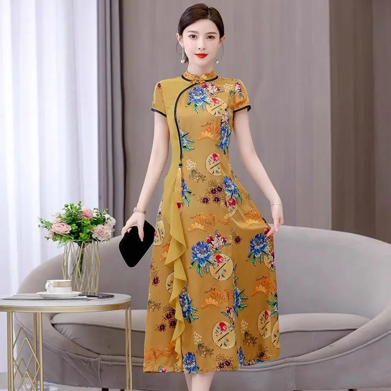

Chinese Style Dress Women's Summer New 2023 Silk Printed Qipao Improved Fashion Short Sleeve Retro Dress Ruffle Clothing Z2494