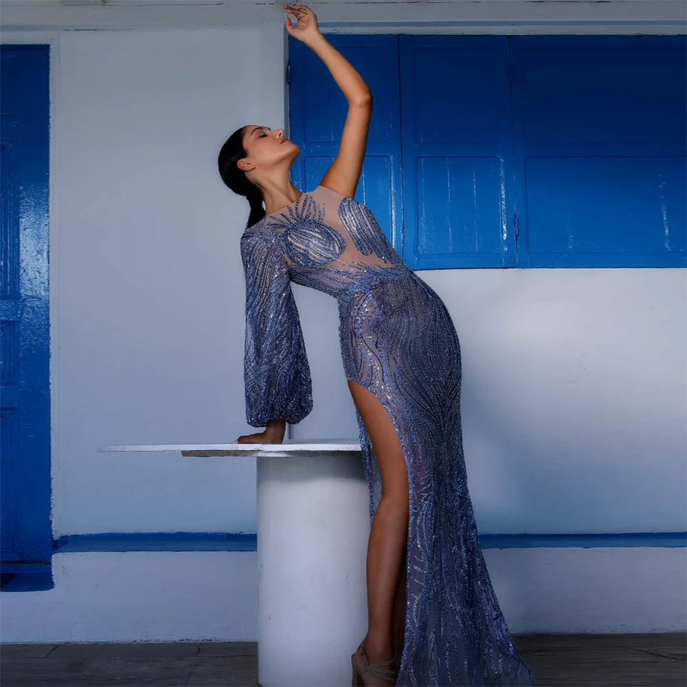 Sparkle Blue Sequin Evening Dresses Jewel Neck Long Sleeves Mermaid Side Slit Formal Prom Party Gowns Robes De Soirée Plus Zise
Sparkle Blue Sequin Evening Dresses Jewel Neck Long Sleeves Mermaid Side Slit Formal Prom Party Gowns Robes De Soirée Plus Zise