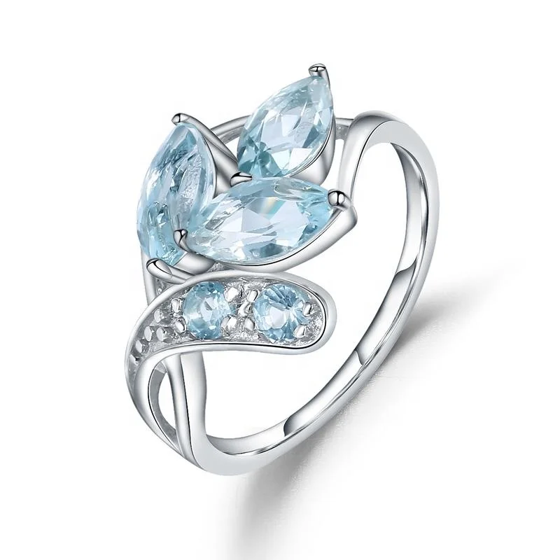 

Abiding 925 Sterling Silver Special Design Leaves Silver Ring Natural Blue Topaz Gemstone Ring Women Jewelry