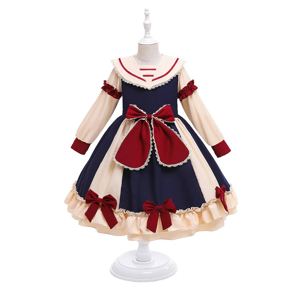 

ELBCOS 4-14T Kid Girls Snow White British Style Long Sleeve Bow Straight Skirt JK Lolita Costumes Evening Full Dress