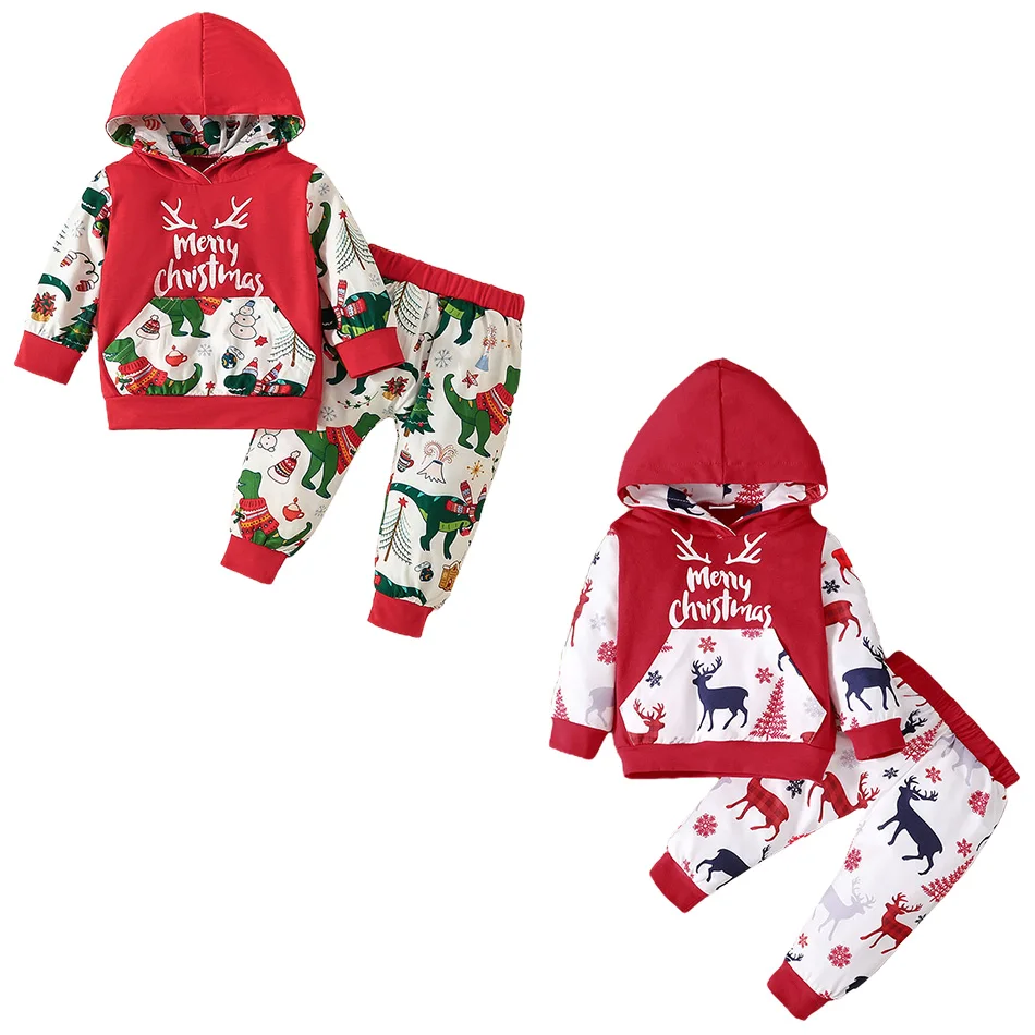 

Baby Hooded Pullover Top Pants Set Elk Pine Tree Snowman Print Baby's Sets Baby Home Casual Clothing Set Baby Gift 3-24 Months