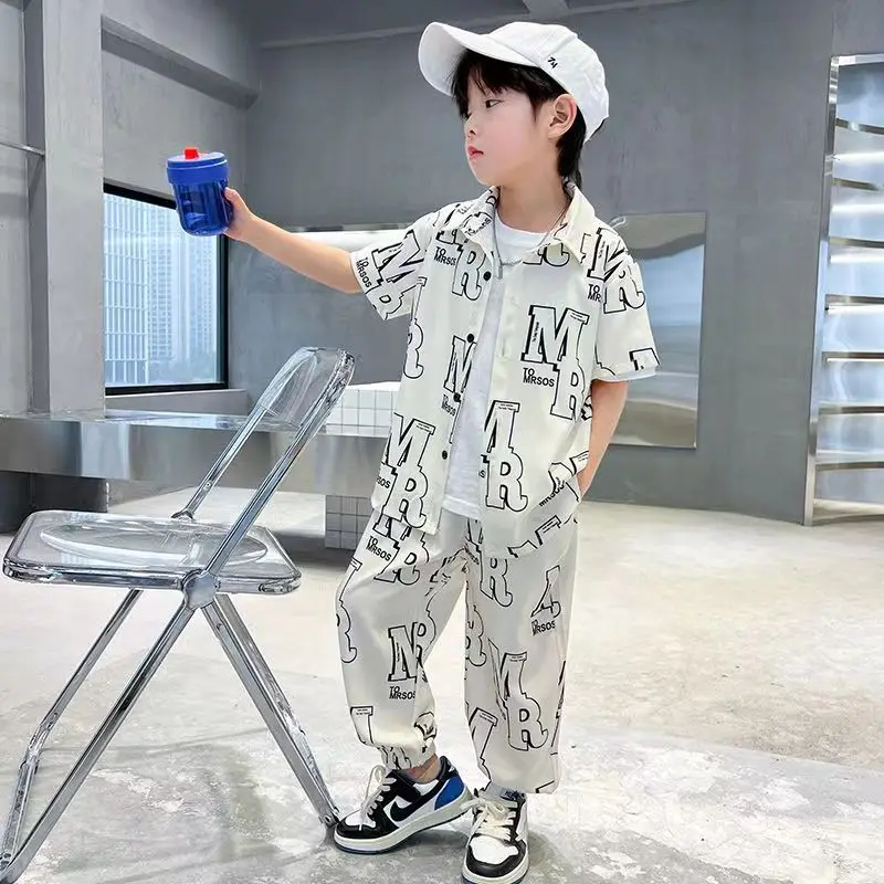 

2023 New Summer Babys Children's Boys Letter Sets Fashion Teen Boys Short Sleeve Shirt For Pants Streetwear Outfits 2Pcs 2-12Yrs