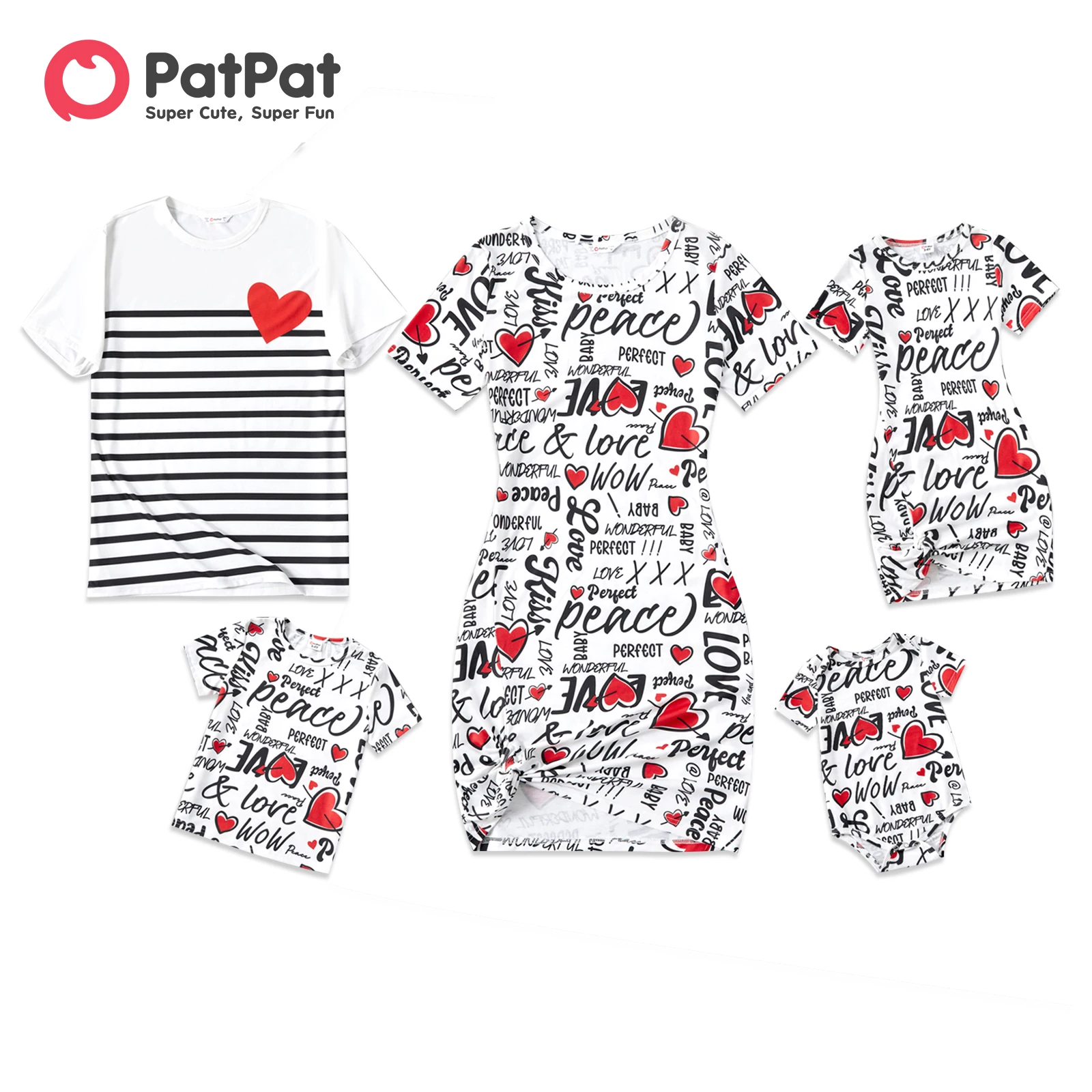 

PatPat Family Matching Outfits Allover Heart & Letter Print Twist Knot Bodycon Dresses and Short-sleeve Striped T-shirts Sets