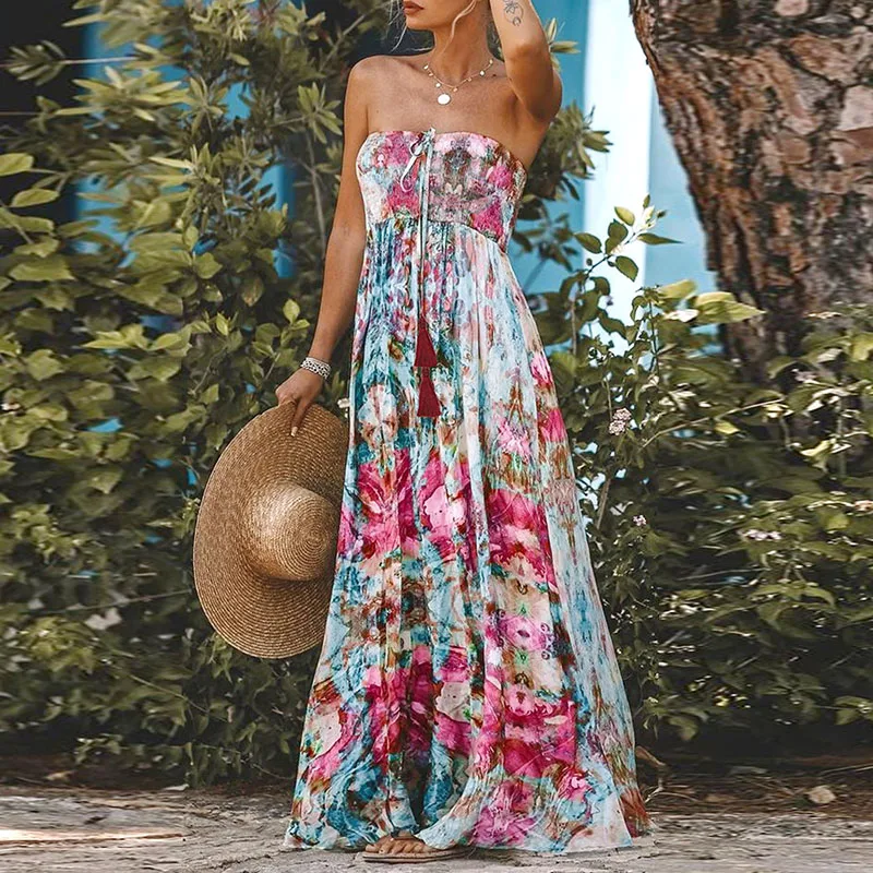 Fashion Strapless High Waisted Long Dress Lady Sexy Off Shoulder Lace Up Bohemian Dress Casual Summer Floral Print Beach Dress
Fashion Strapless High Waisted Long Dress Lady Sexy Off Shoulder Lace Up Bohemian Dress Casual Summer Floral Print Beach Dress