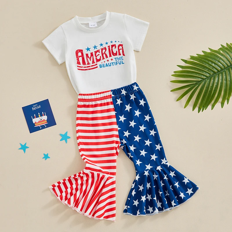 

Toddler Baby Girl 4th of July Outfit Short Sleeve T-Shirt American Flag Stars and Stripes Flared Pants Set