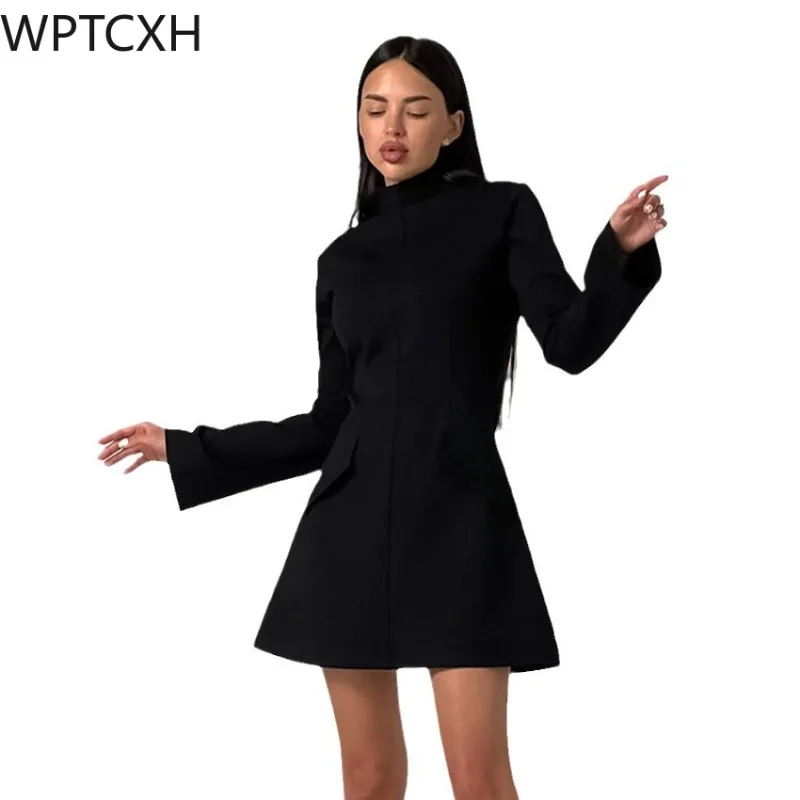 

Khaki High-neck Flared Sleeve Temperament Dress 2024 Spring Europe and The United States New Spring Fashion Commuter Skirt Women