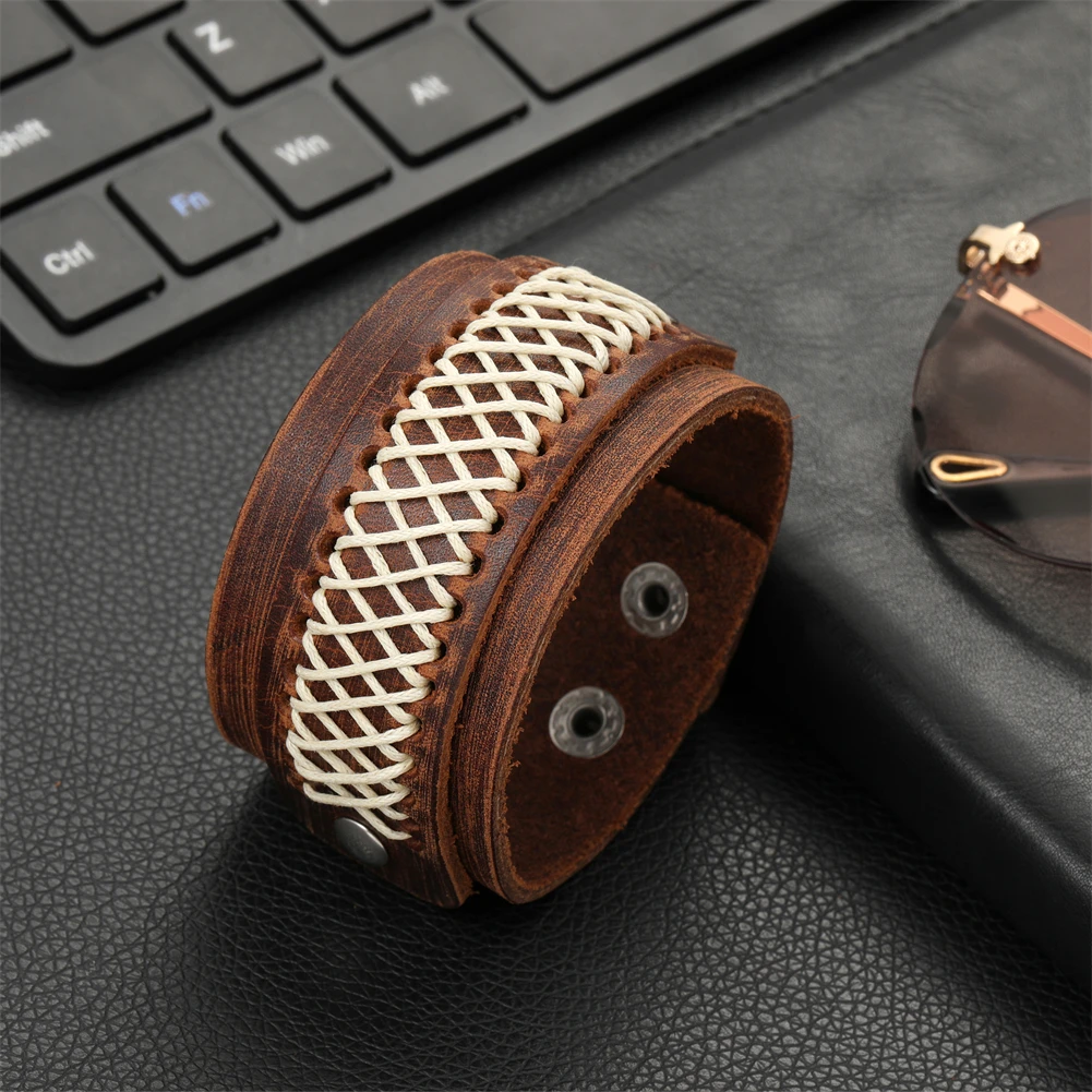 

2023 Charm Jewelry Handmade Weave Genuine Leather Bracelet Men Vintage Cuff Wide Leather Bracelet Pulsera Hombre