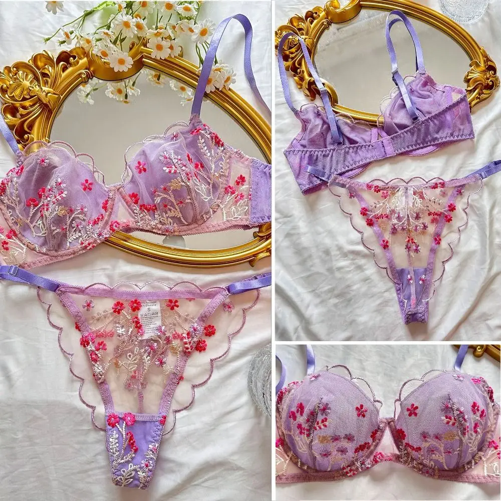 

2Pcs Embroidery Fairy Lingerie Set Delicate Gathered Floral Lace Exotic Sets See Through Mesh Underwear