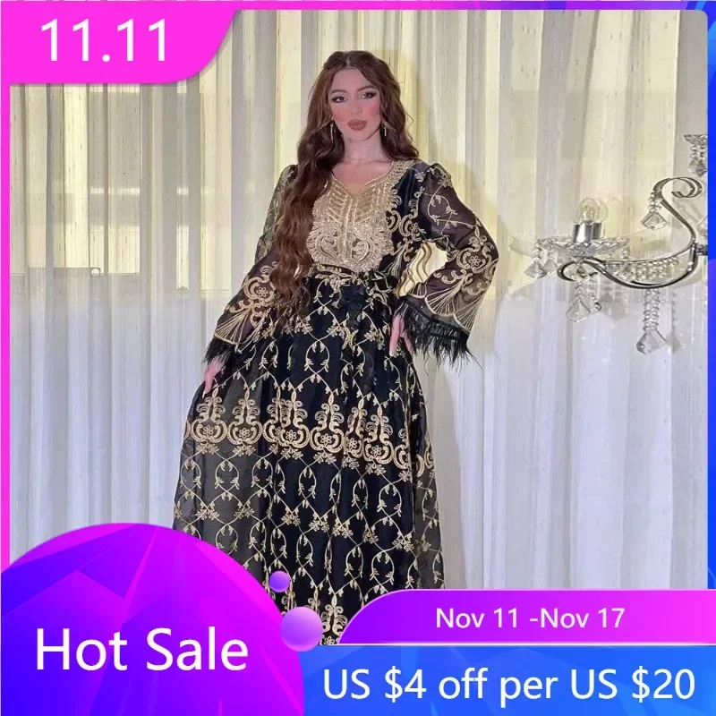 

Arabian Dubai Wome Gold Embroidered Gorgeous Jalabiya Middle Eastern Abaya Muslim Evening Dress Elegant Party Robes