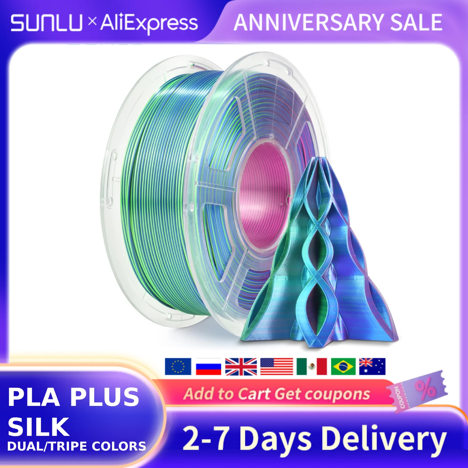 

Нить для 3D-принтера SUNLU Silk Pla Plus, 1,75 мм ± 0,02 мм, два/тройные цветные нити Pla + Rabinbow, 1 кг/рулон, материалы для 3D-принтера