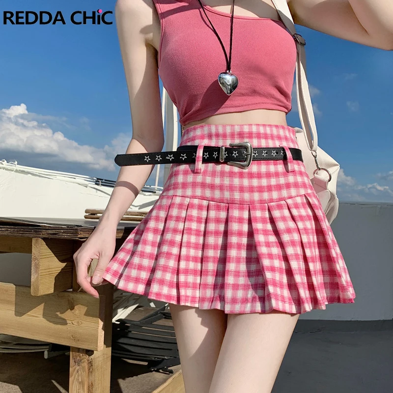 

REDDACHiC Kawaii Pink Plaid Women Pleated Skirt with Shorts Star Leather Belt Skater Tennis Cheer Jk School Uniform Mini Skirt