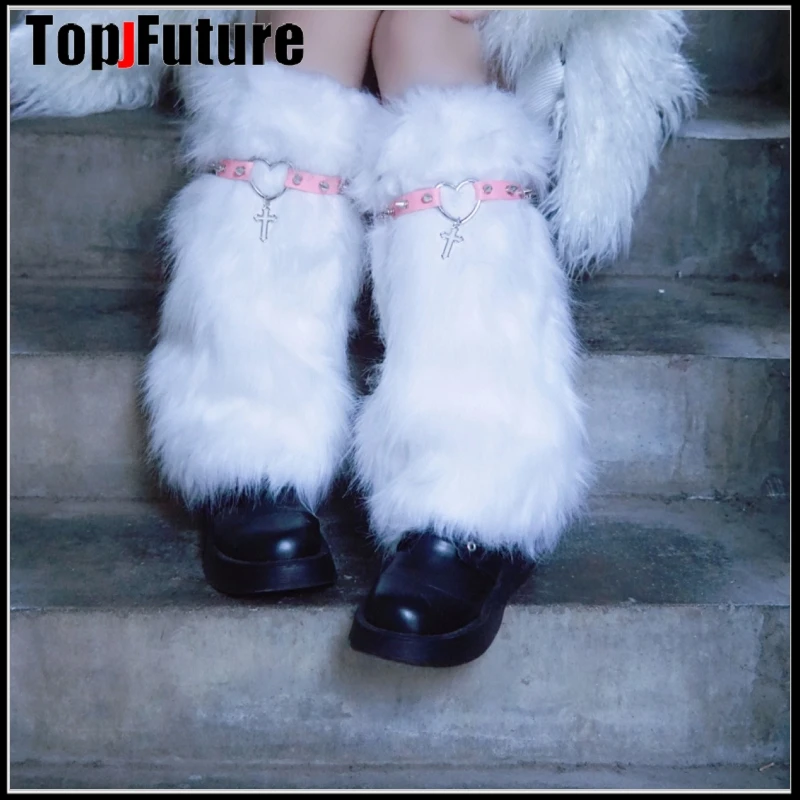 

Women Spice Girl Harajuku Punk Fur stud gothic Lolita furry Leg Warmer Subculture Winter Warmer Foot Cover Y2K Girl Leg warmers