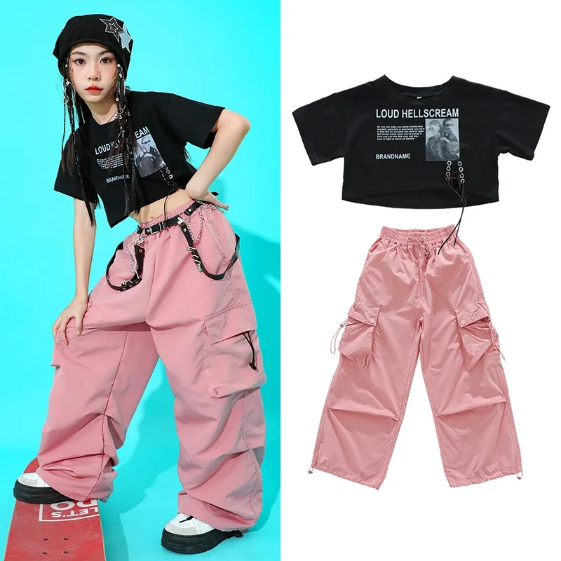 

Girls Black Crop Tops Pink Cargo Pants Streetwear Children Jazz Dance Costumes Ballroom Hip Hop Dance Rave Clothes