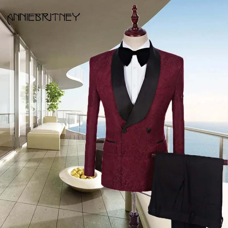 

Burgundy Jacquard Jacket Black Pants Men Suits Groom Tuxedo Prom Shawl Lapel Slim Fit Blazers High Quality Custom 2 Piece Set