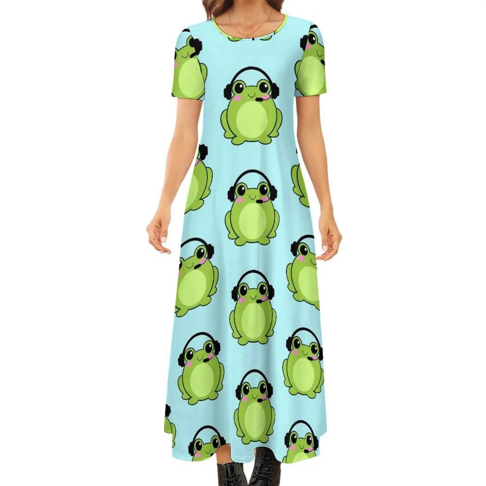 

Green Frog Print Dress Kawaii Animal Korean Fashion Bohemia Long Dresses Womens Cute Maxi Dress Gift Idea