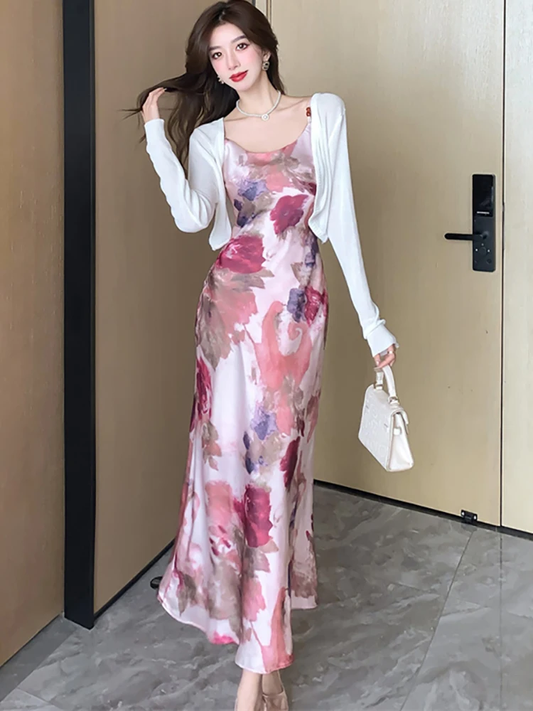 

Women Boho Floral Elegant Sling Ruffled Long Dress+White Knitted Cardigan Two Piece Sets 2024 Summer New Korean Casual Dress Set