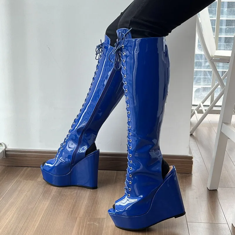

2024 New Arrival Women Spring Knee High Boots Patent Leather Side Zipper Wedges Heels Peep Toe Blue Club Shoes Plus US Size 5-20
