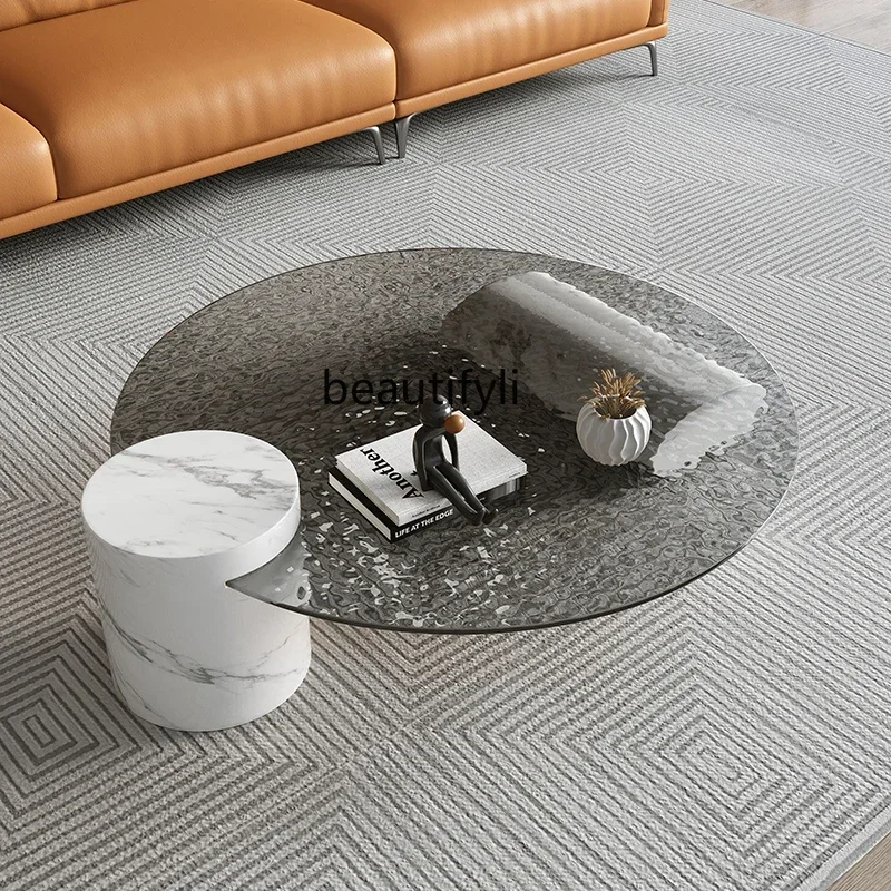 

Italian-Style Light Luxury Tea Table Natural Marble round Minimalist Living Room Home Water Ripple Glass Tea Table