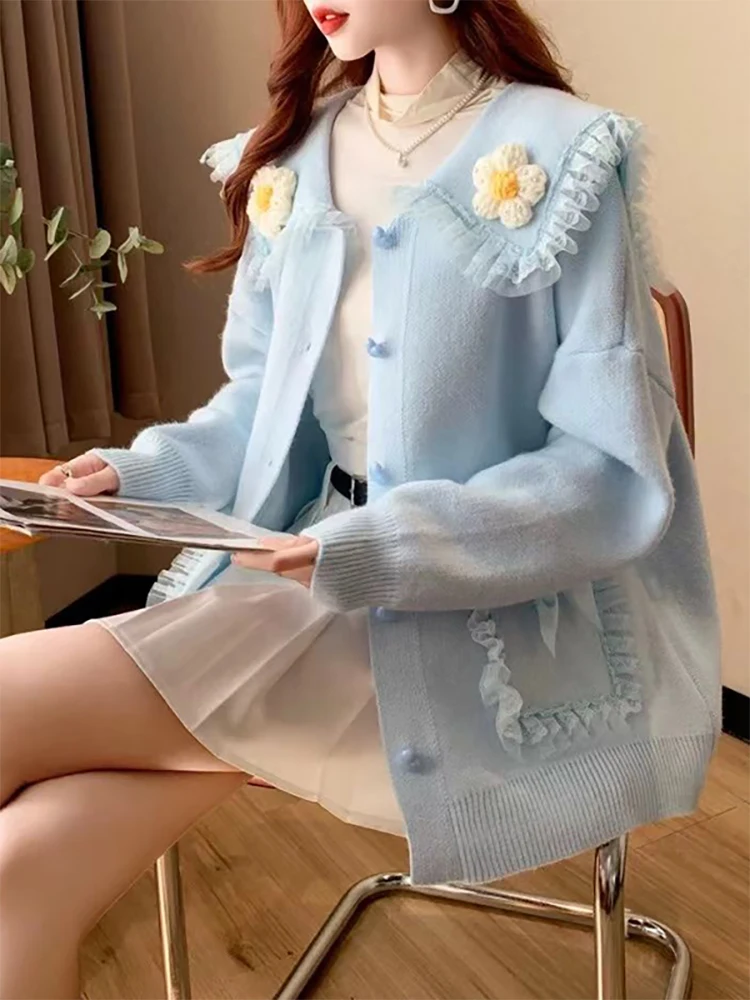 Sweet Peter Pan Collar Pockets Bow Lace Cardigan Sweaters Female Clothing 2024 Autumn Winter New Loose Knitted Young Style Tops Sweet Peter Pan Collar Pockets Bow Lace Cardigan Sweaters Female Clothing 2024 Autumn Winter New Loose Knitted Young Style Tops