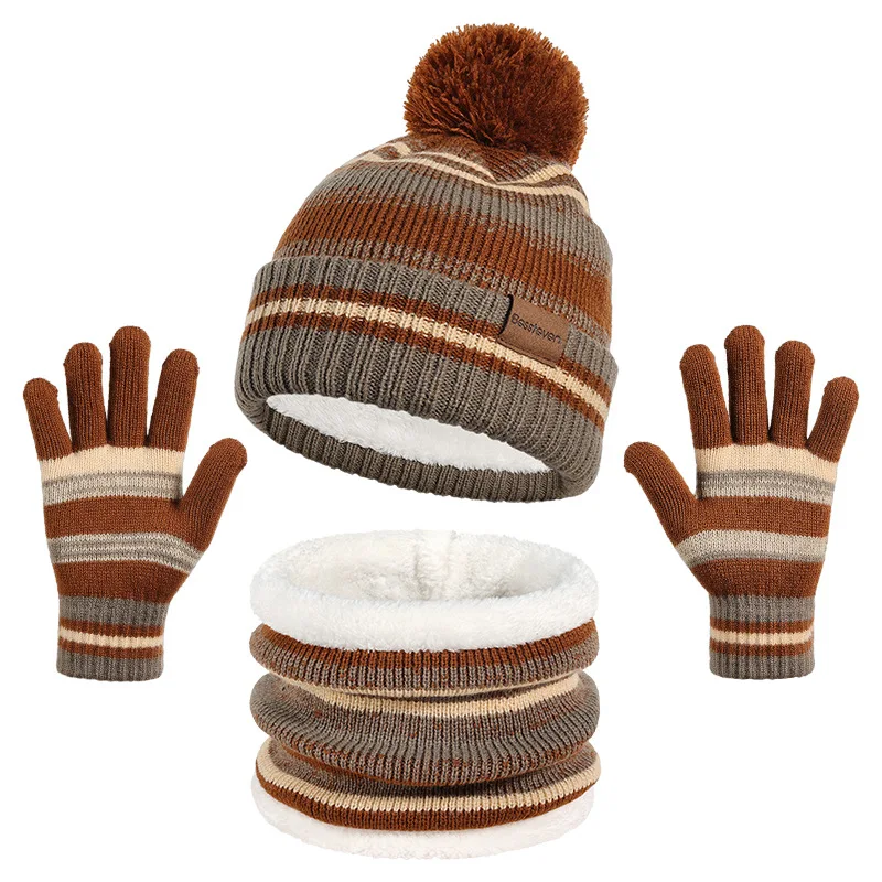 

3pcs/Set Children Winter Hat Scarf Gloves Knitted Wool Striped Pompom Kids Warm Suit Beanie Caps For Boys Girls Neck Age 6-10