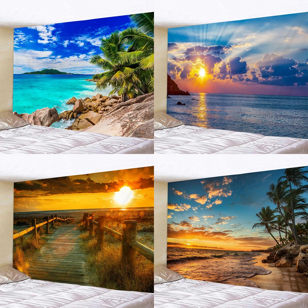 

Beach sunset print pattern tapestry huge wave coconut tree background cloth dormitory room home decoration hanging cloth