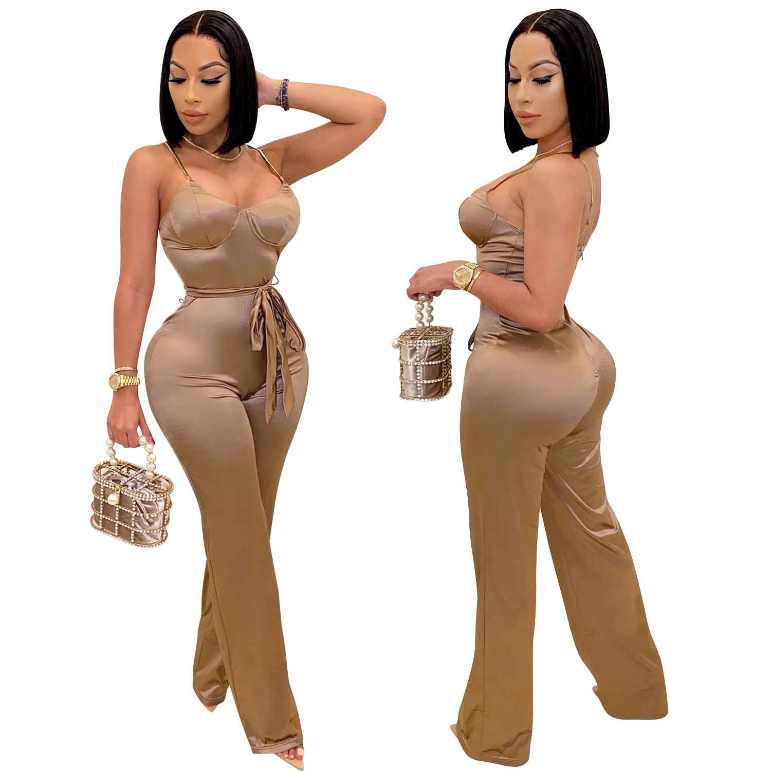 

Elegant Solid Spaghetti Strap Sleeveless Woman Jumpsuit Sexy Bodycon Backless Party Clubwear Romper Female Overalls Playsuits