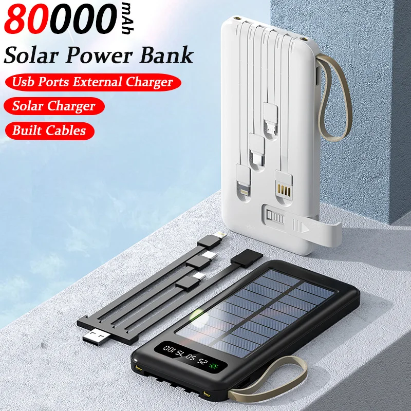 80000mAh Solar Power Bank Solar Charger Usb Ports External Charger Built Cables Powerbank with Led Light for Huawei Iphone
80000mAh Solar Power Bank Solar Charger Usb Ports External Charger Built Cables Powerbank with Led Light for Huawei Iphone