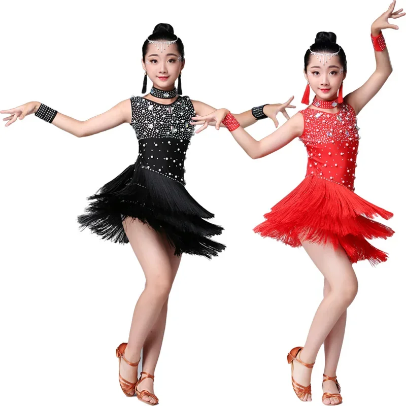 

Child Kid Children Professional Latin Dance Dress for Girls Ballroom Dancing Dresses for Kids Red Sequin Fringe Salsa Tassel