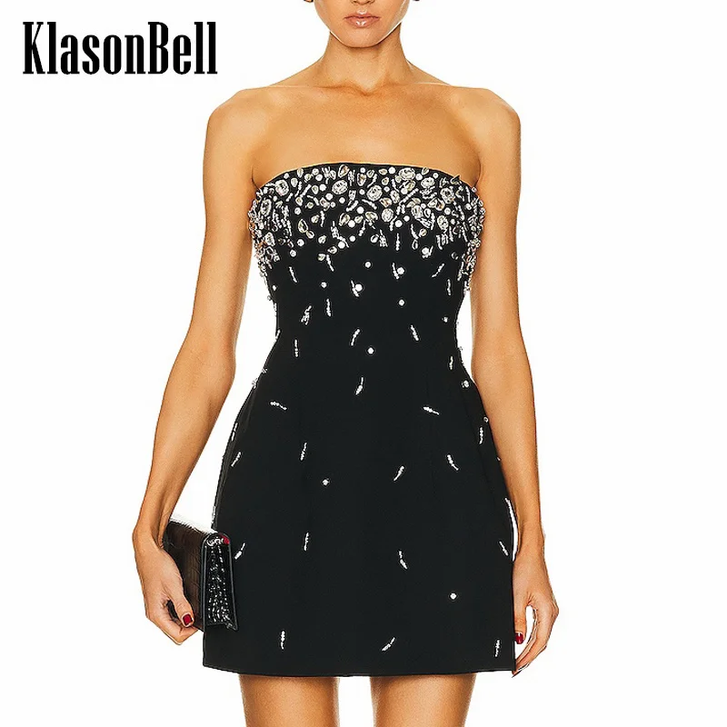 

3.2 KlasonBell Banquet Party Temperament Strapless Dress Women Bling Diamonds Beading Sexy Backless Collect Waist Short Dress