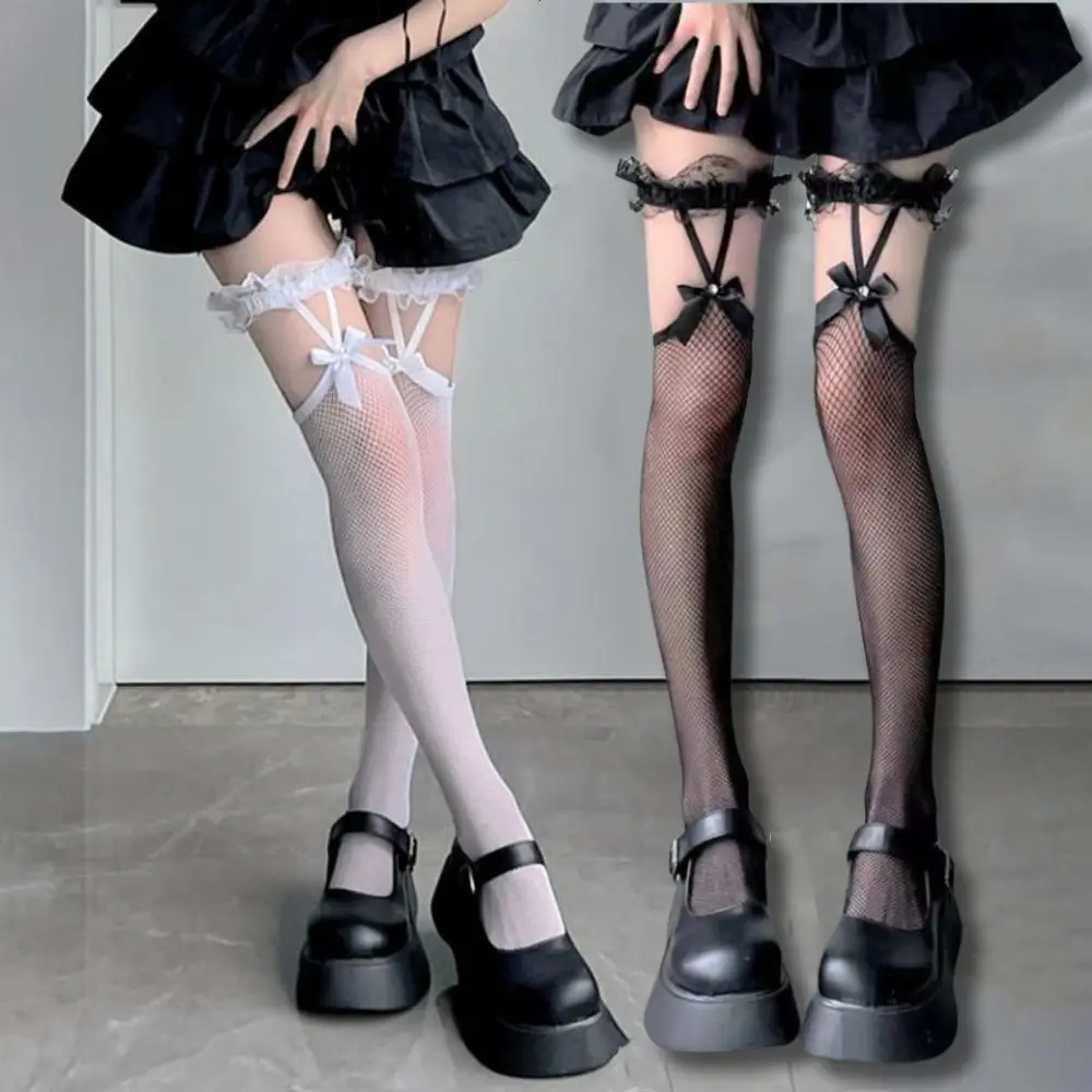 

Sexy Mesh Fishnet Thigh High Stockings Y2K Harajuku JK Lolita Girls Long Socks Japanese Lace Bowknot Suspender Knee High Socks