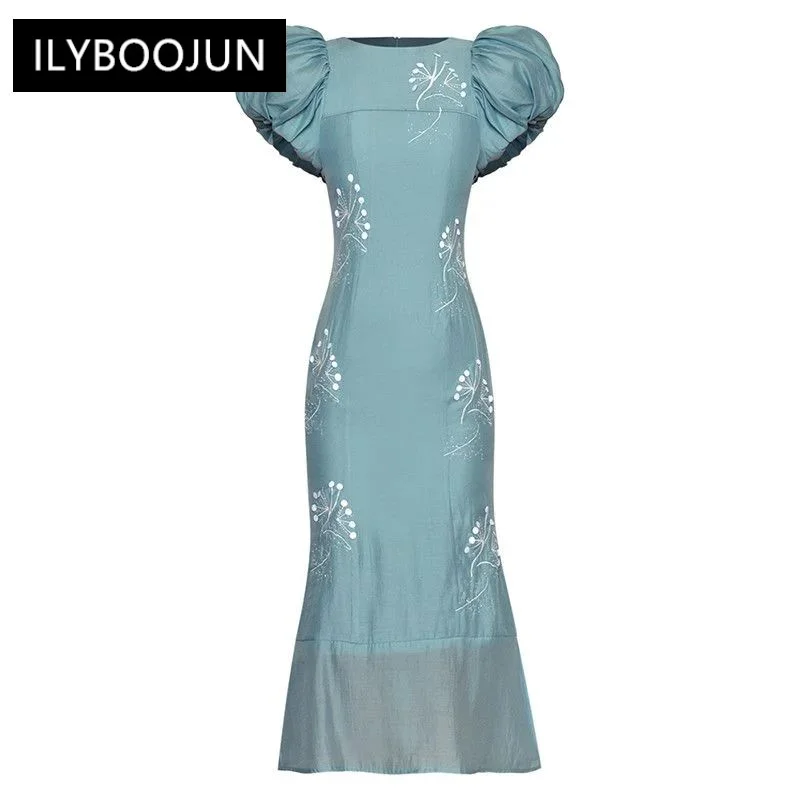 

Fashion Runway dress Summer Women Dress Sky Blue O-Neck Puff Sleeve Sequins Beading Buttock Covering Fishtail Dress