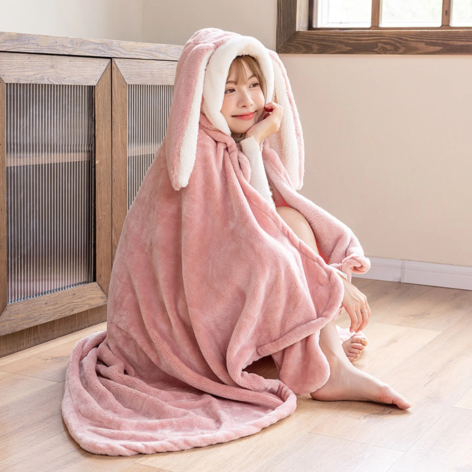 

Fleece Hooded Cloak Rabbit Ear Thickened Hooded Cloak Blankets Wearable Cute Blanket Comfortable For Picnic Travel Winter Warm