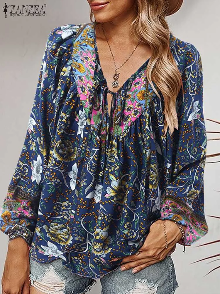 

Богемная блузка с цветочным принтом ZANZEA, Женская Осенняя туника, топы, повседневные блузы с длинным рукавом и V-образным вырезом, элегантная Праздничная блузка, рубашка