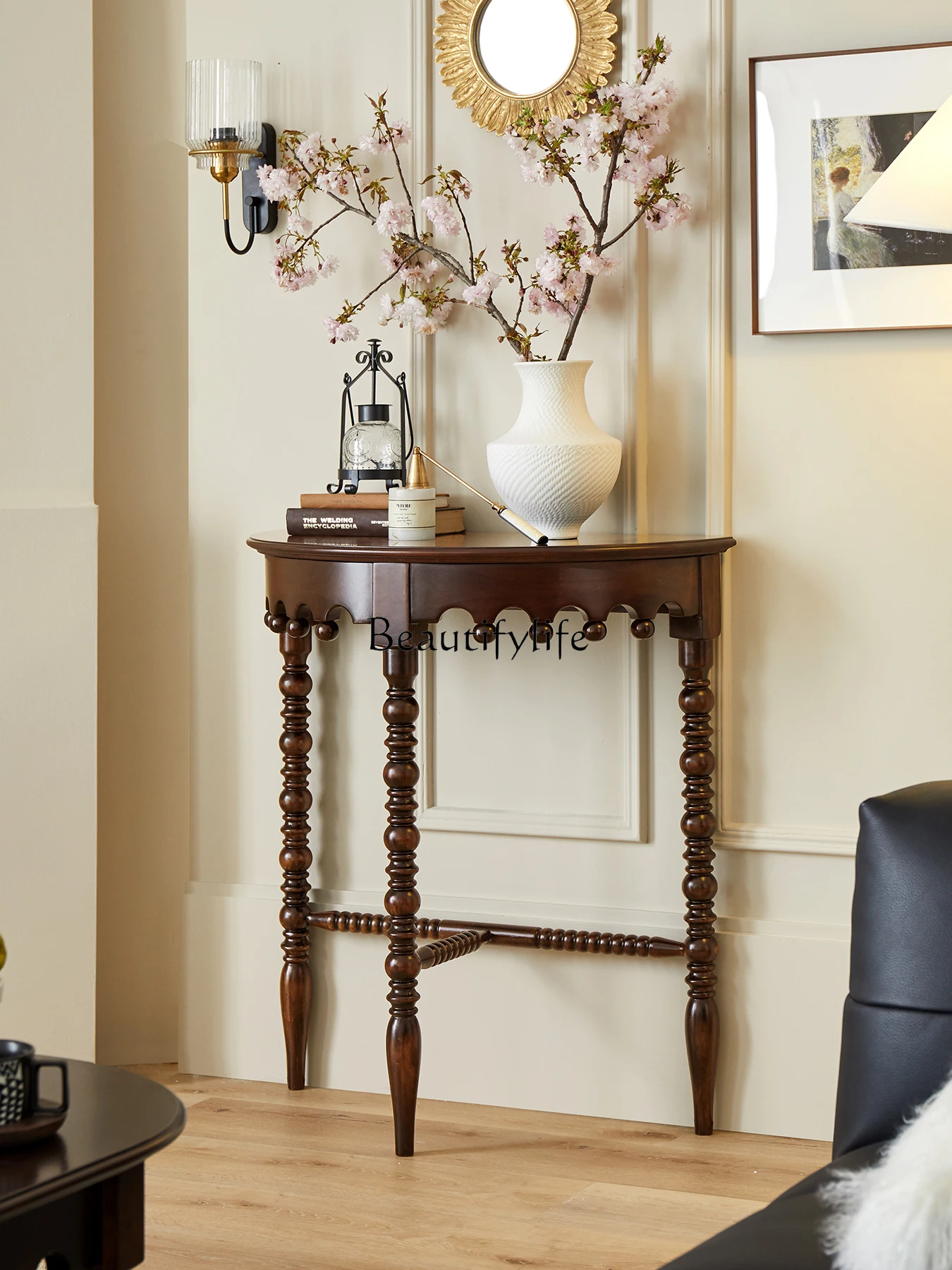 American Retro Solid Wood Semicircle Home Console Tables against the Wall Decoration Table
American Retro Solid Wood Semicircle Home Console Tables against the Wall Decoration Table